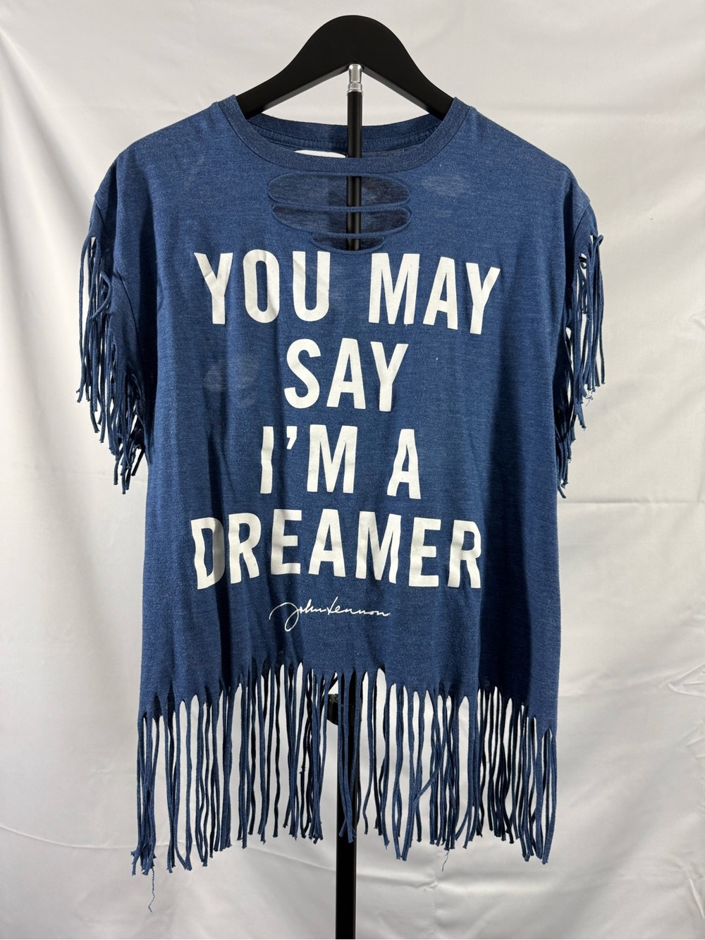 Zion John Lennon Dreamer Fringe Distressed Graphic Tee Blue Large